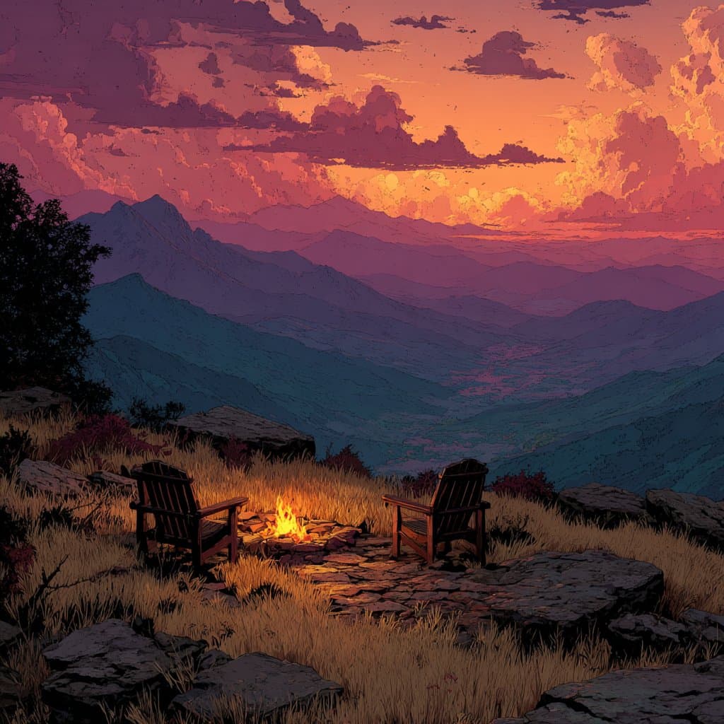 Two figures by a campfire overlooking mountains at dusk