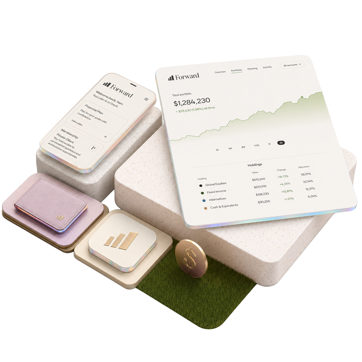 Forward product shot — phone, tablet, app icon, gold coin